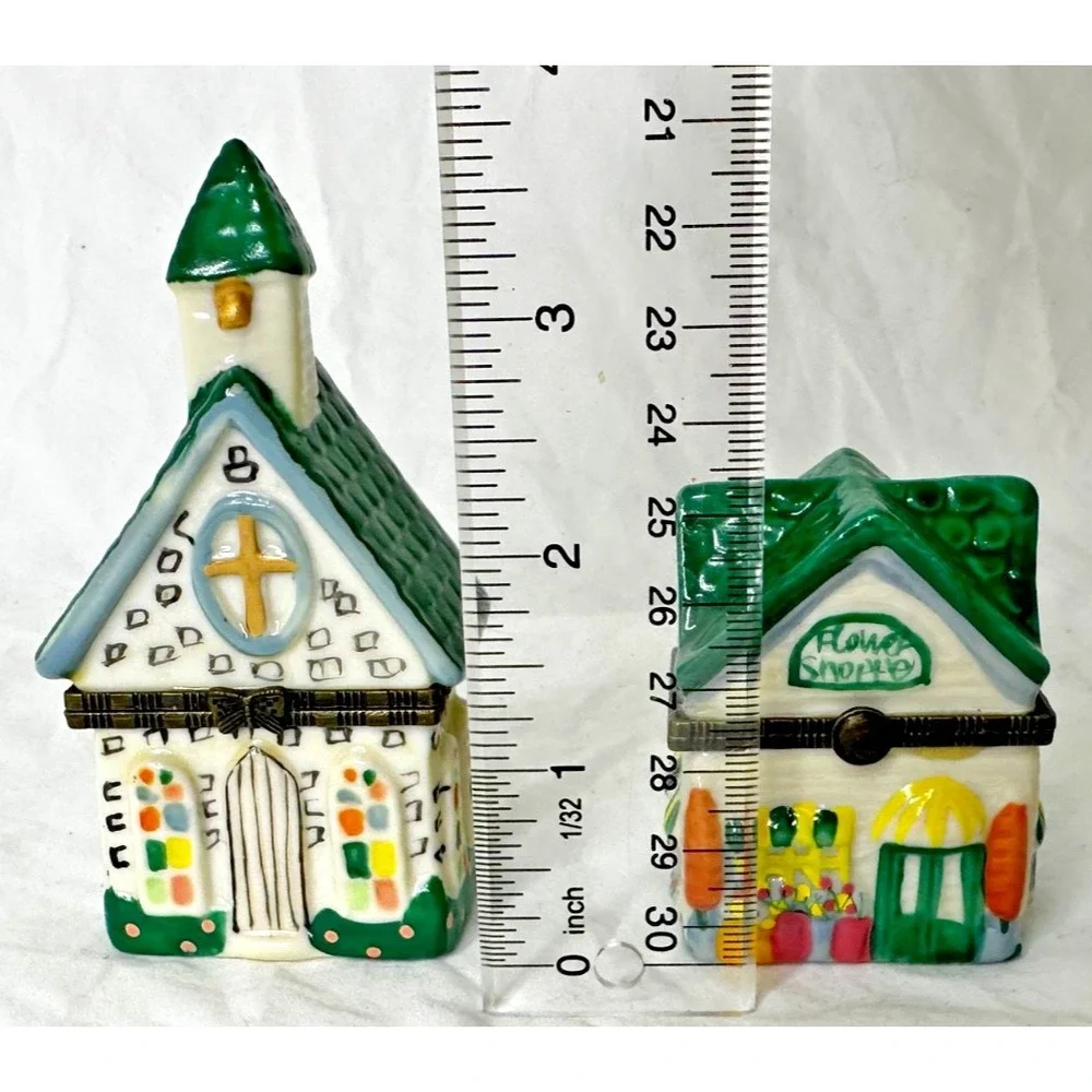 Trinket Box Church Flower Shop Bunny Rabbit Set 2 Mini Ceramic Lid Opens